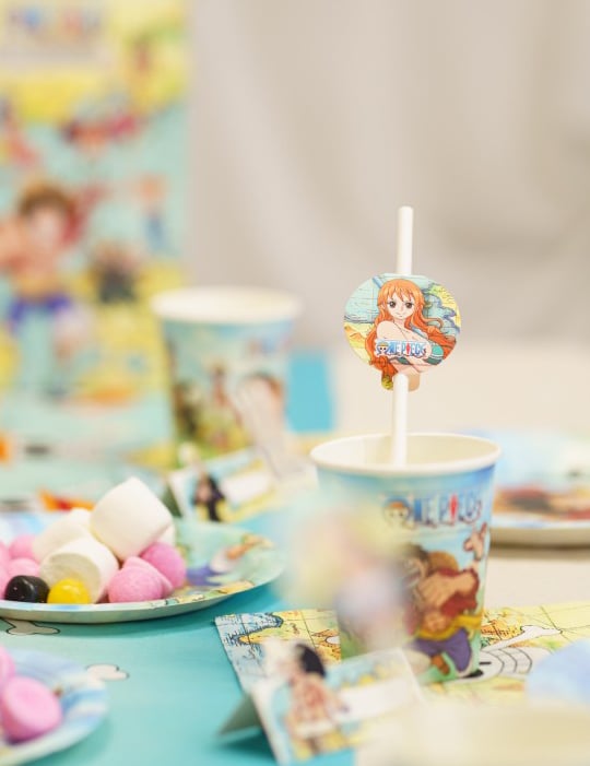 Détail du médaillon Nami sur une paille du lot de 9 pailles en papier avec médaillons One Piece