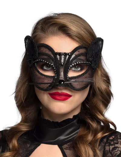 Loup chat pour femme en dentelle noire avec strass