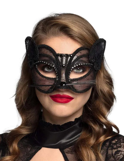 Loup chat pour femme en dentelle noire avec strass