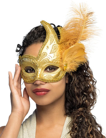 Zlatý škraboška s peřím pro dospělé 