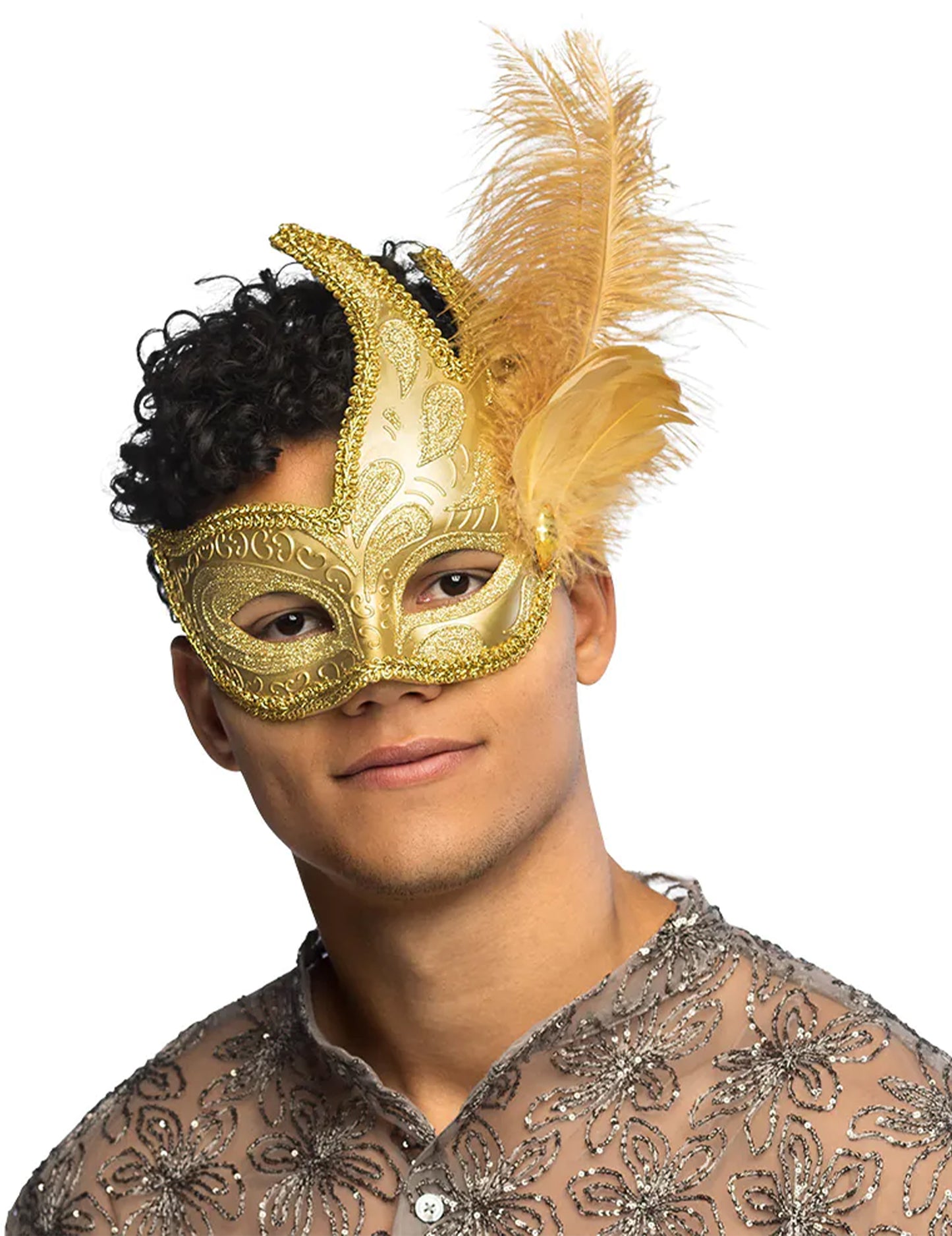 Zlatý škraboška s peřím pro dospělé 