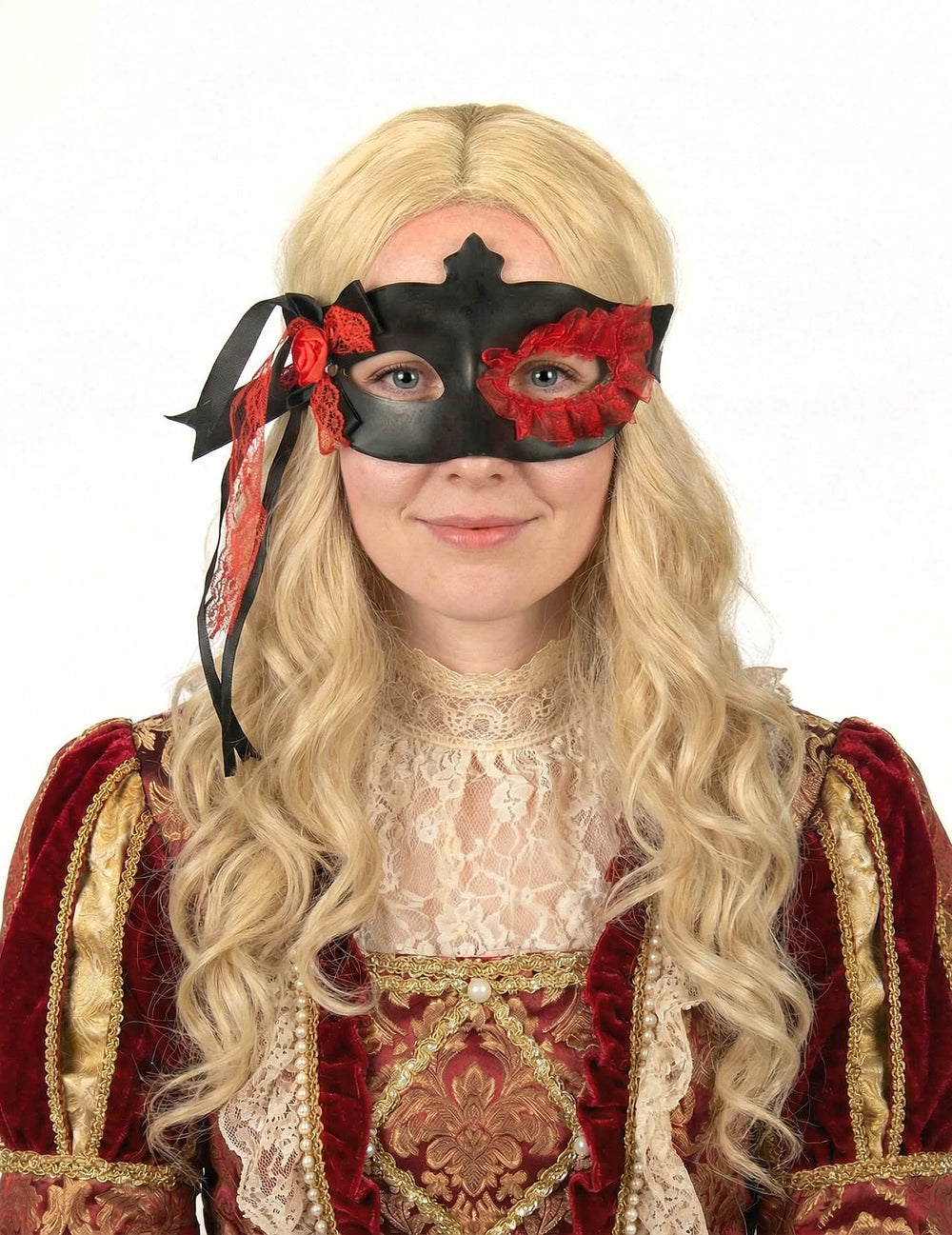 černá maska s krajkou a červená květina pro ženu černá a červená