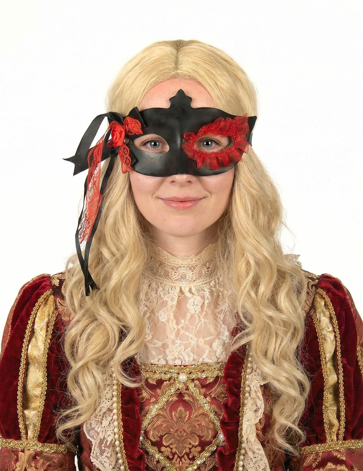 černá maska s krajkou a červená květina pro ženu černá a červená