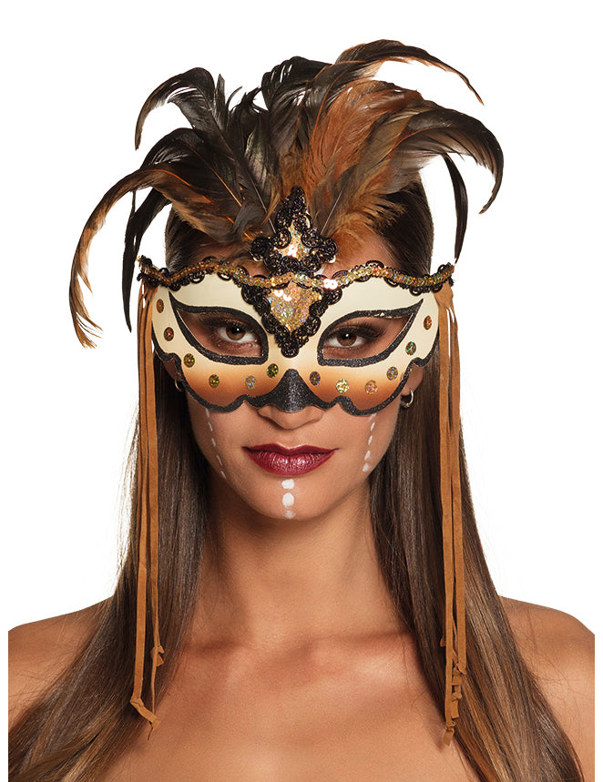 Loup vaudou mamba pour adulte marron et beige à plumes