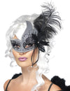 Loup vénitien ange noir avec grande plume pour adulte noir et argent