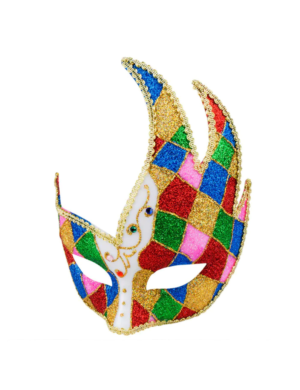 Vue de face de la forme asymétrique du loup vénitien losanges multicolores pour adulte