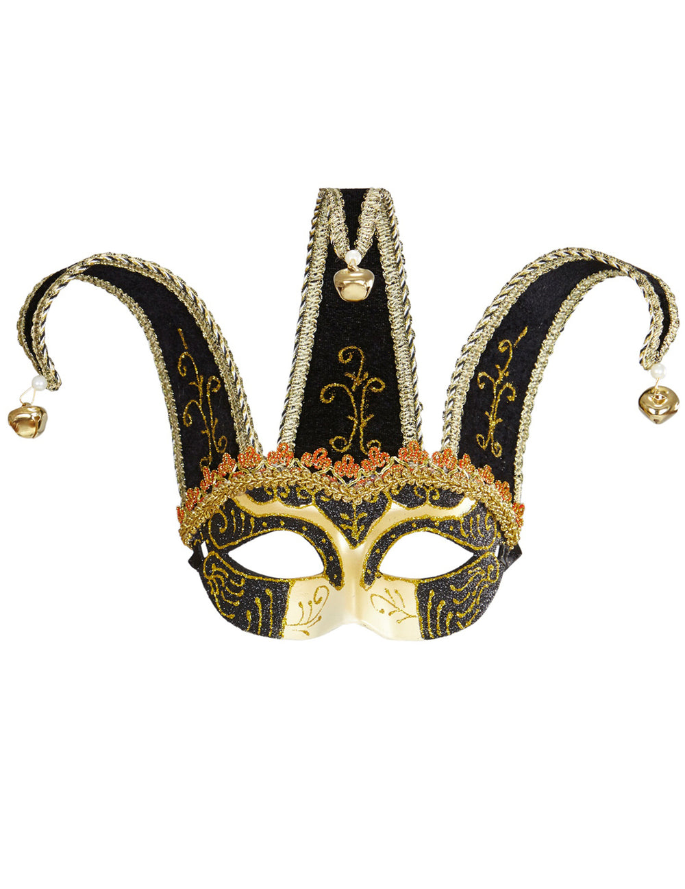 Vue de face du loup vénitien pour adulte noir et or à grelots