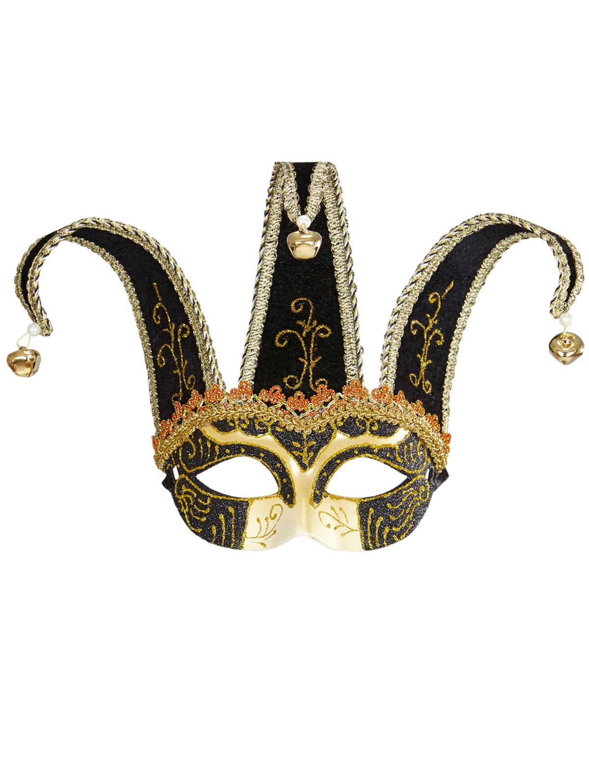 Vue de face du loup vénitien pour adulte noir et or à grelots