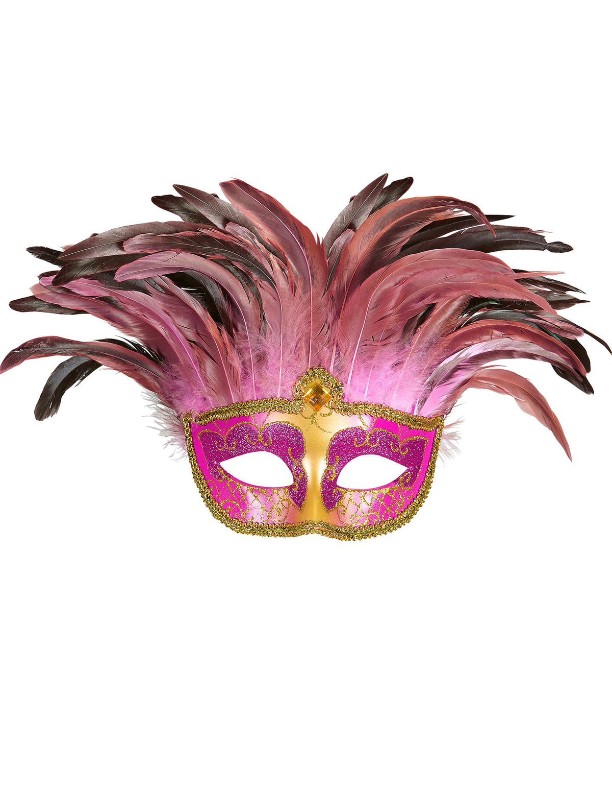 Vue de face du loup vénitien à plumes pour adulte rose et or
