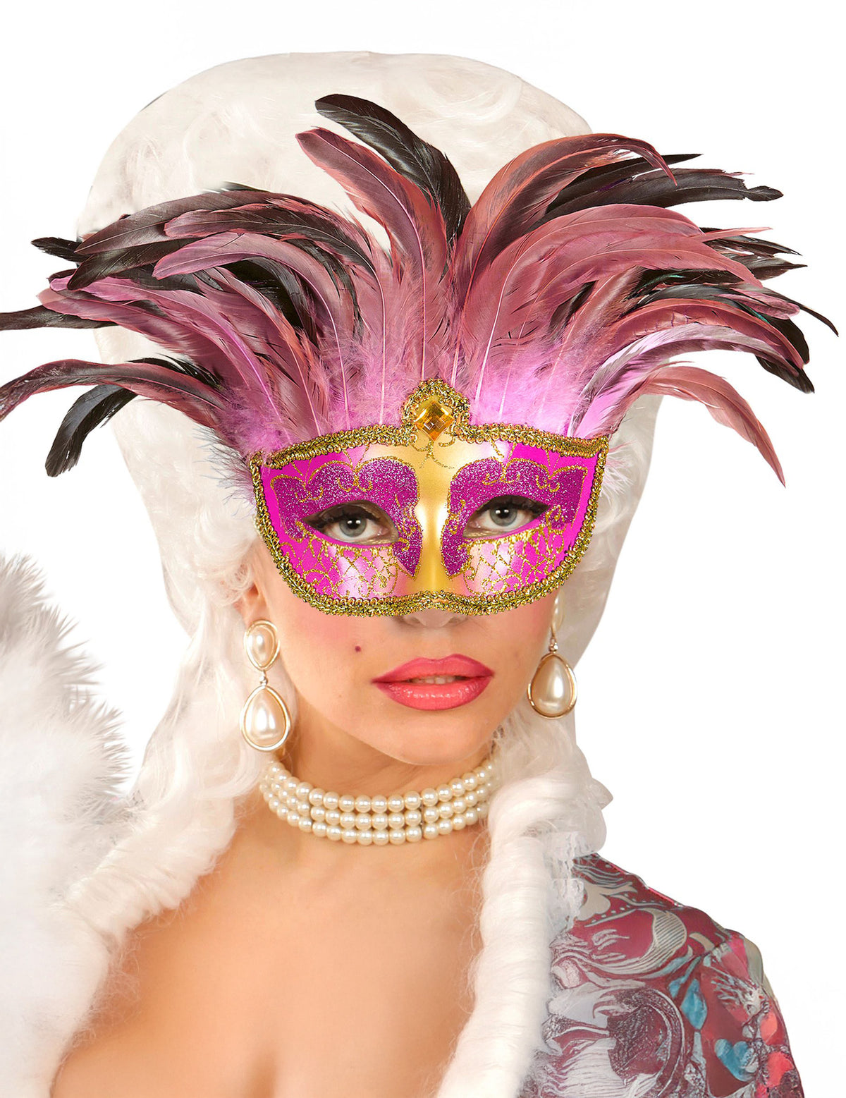 Loup vénitien à plumes pour adulte rose et or