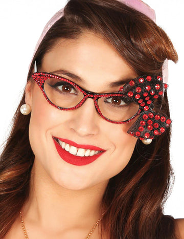 Lunettes années 50 avec noeud pour femme rouge avec strass