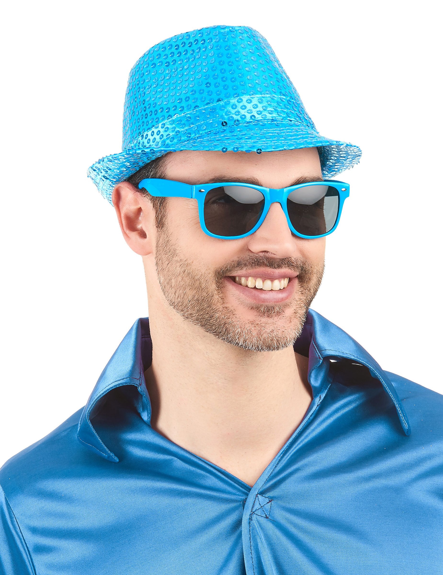 Vue de face avec chapeau à paillettes des lunettes blues pour adulte