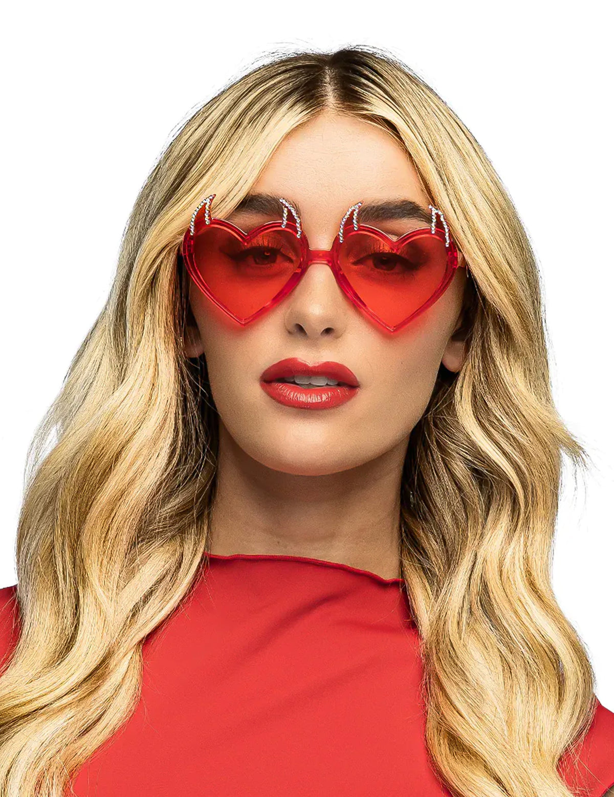 Lunettes cœurs rouges diaboliques pour adulte avec petites cornes brillantes