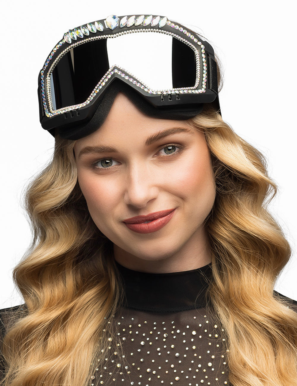 Portrait de face des lunettes de ski avec strass pour adulte noires et irisées