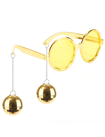 Lunettes disco pour adulte dorées avec boules à facettes suspendues