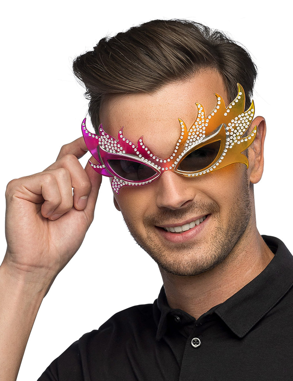 Vue de face des lunettes flammes à strass