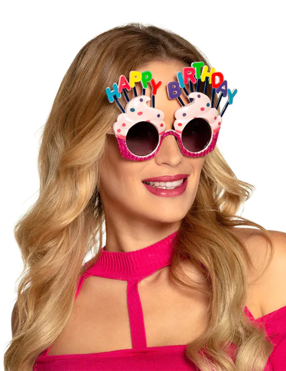 Lunettes Happy Birthday cupcake pour adulte rose pailleté avec inscription multicolore