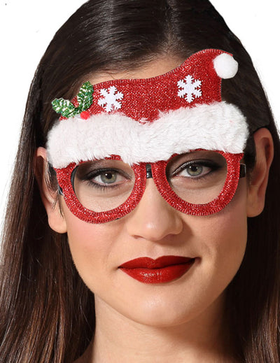 Lunettes humoristique bonnet de Noël pour adulte rouge et blanche pailletée