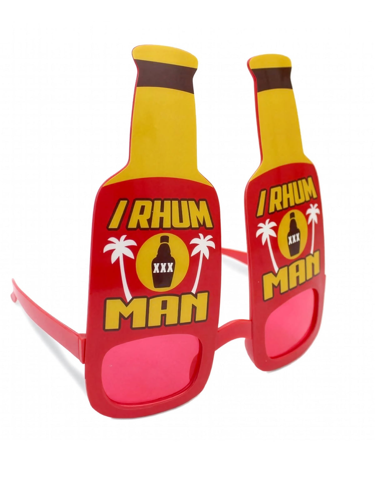 Lunettes humoristiques I Rhum Man pour adulte rouges et jaunes en forme de bouteilles