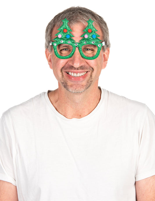 Vue de face des lunettes humoristiques sapins de Noël pour adulte