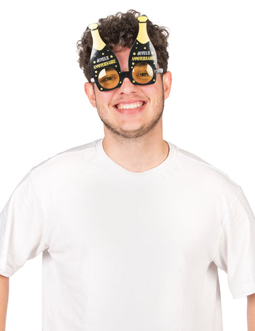 Černé a zlaté brýle Šťastné narozeniny pro dospělé ve tvaru láhve šampaňského