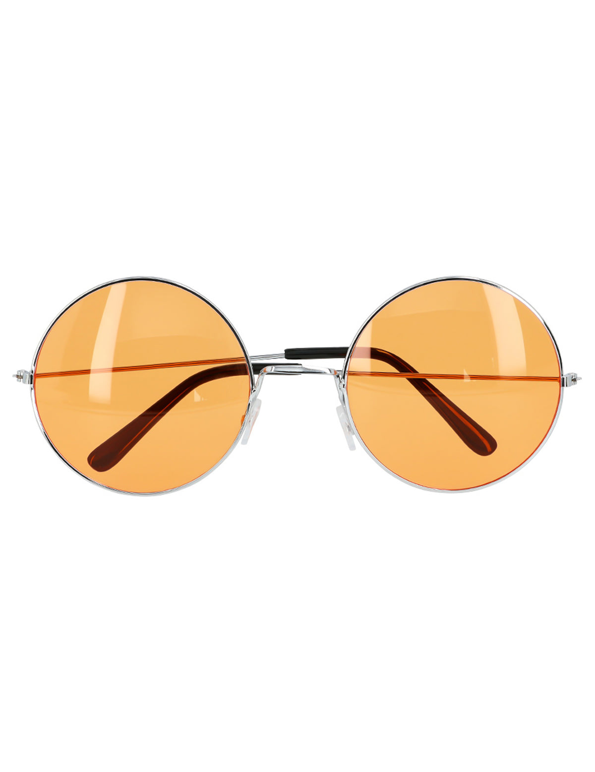 Détail des verres oranges des lunettes rondes géantes hippies