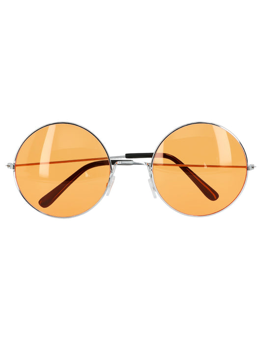 Détail des verres oranges des lunettes rondes géantes hippies