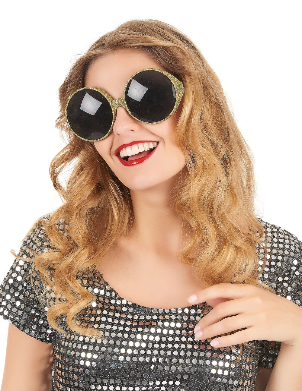Vue de face portée des lunettes rondes paillettées pour adulte or