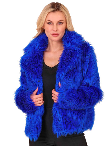 Dospělý kabát z tmavě modré umělé kožešiny 