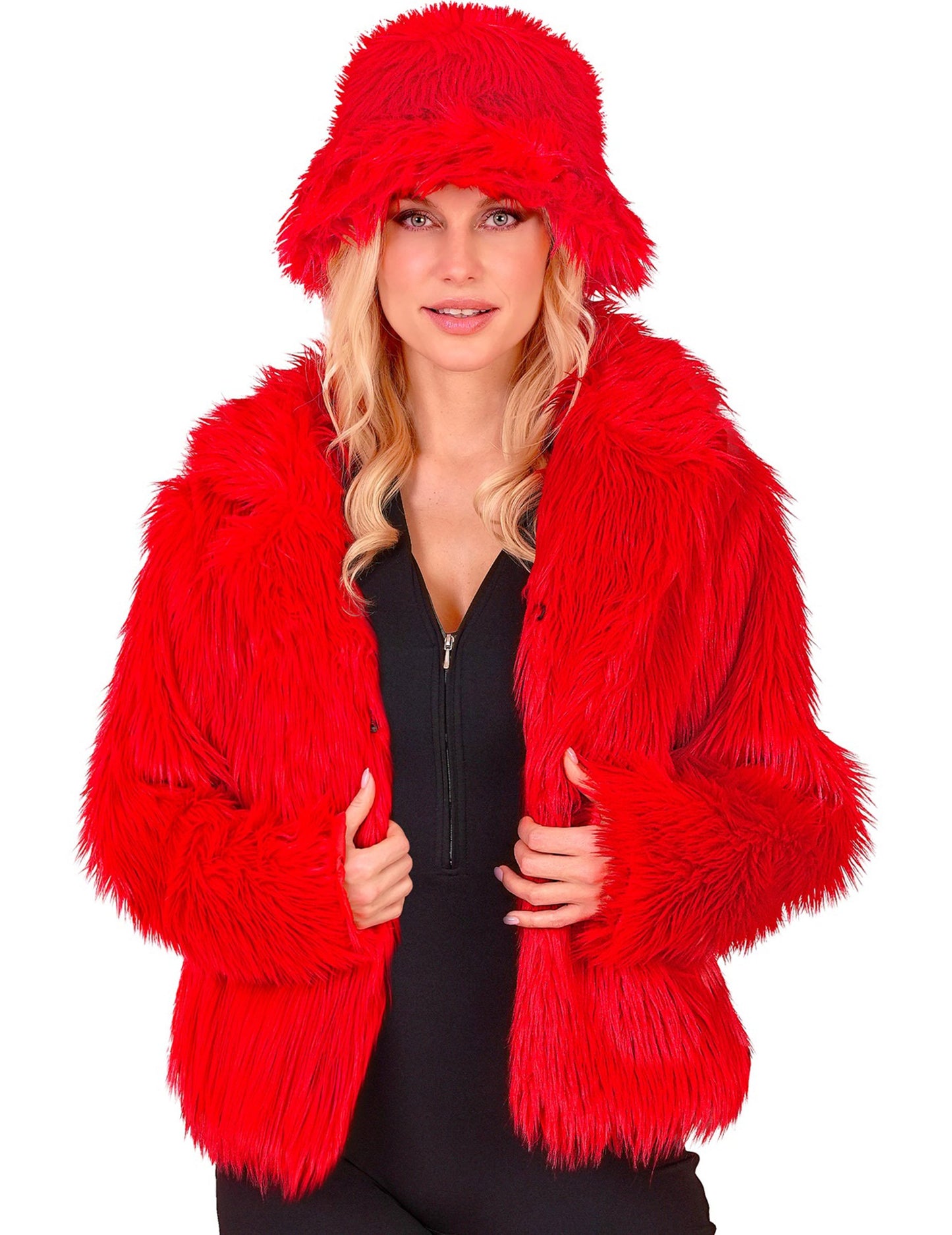 Dospělý červený kabát z umělé kožešiny