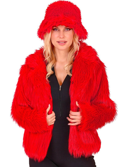 Dospělý červený kabát z umělé kožešiny