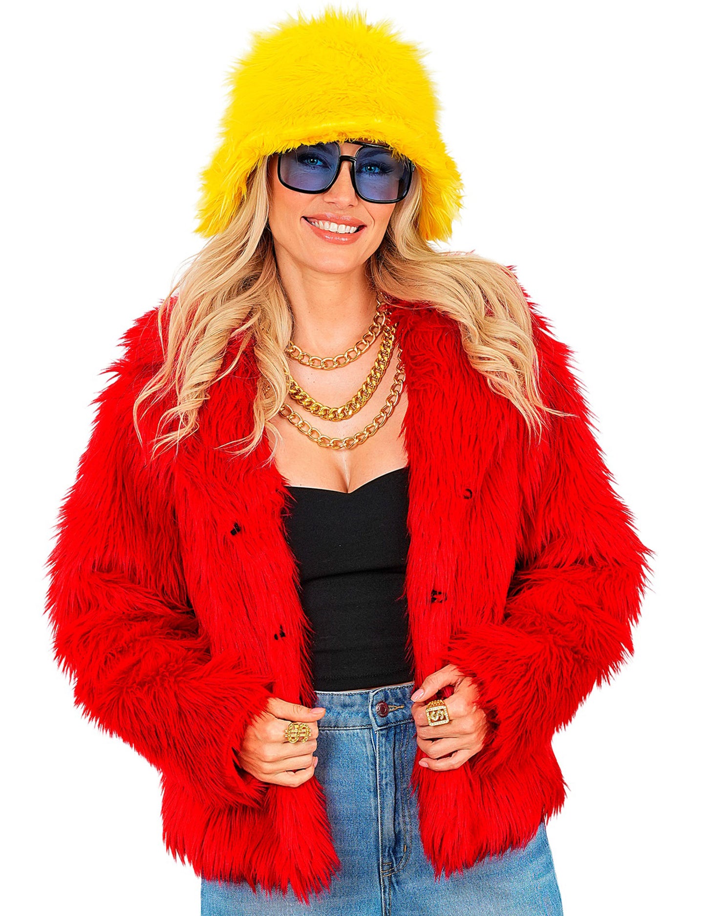 Dospělý červený kabát z umělé kožešiny