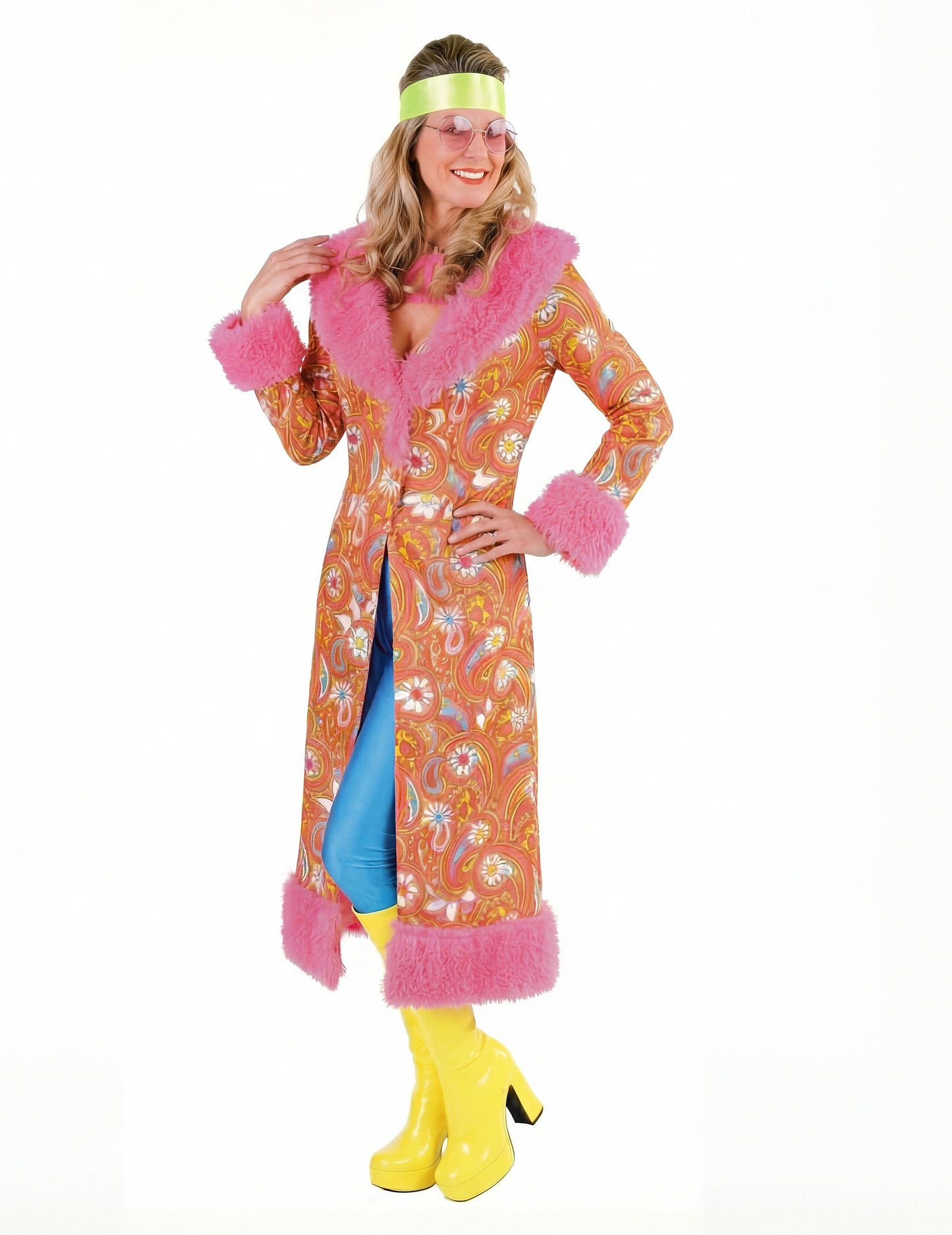 Manteau hippie pour adulte à fausse fourrure rose et motifs oranges