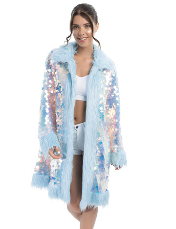 Oboustranný kabát s flitry a umělou kožešinou v modré barvě pro dospělé