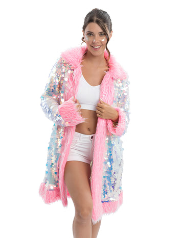 Růžové flitry pro dospělé a oboustranný kabát z umělé kožešiny