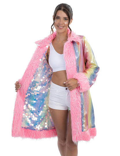 Růžové flitry pro dospělé a oboustranný kabát z umělé kožešiny