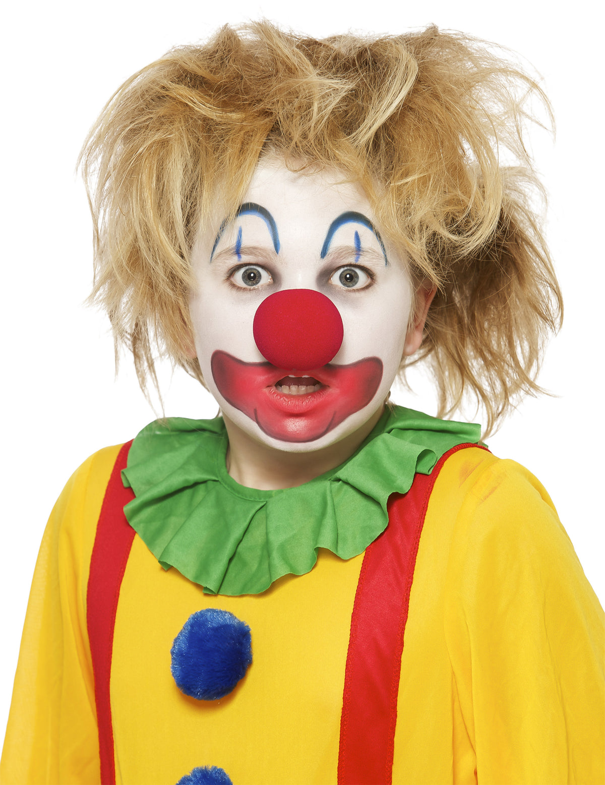 Portrait du rendu final en clown du kit complet de maquillage de carnaval