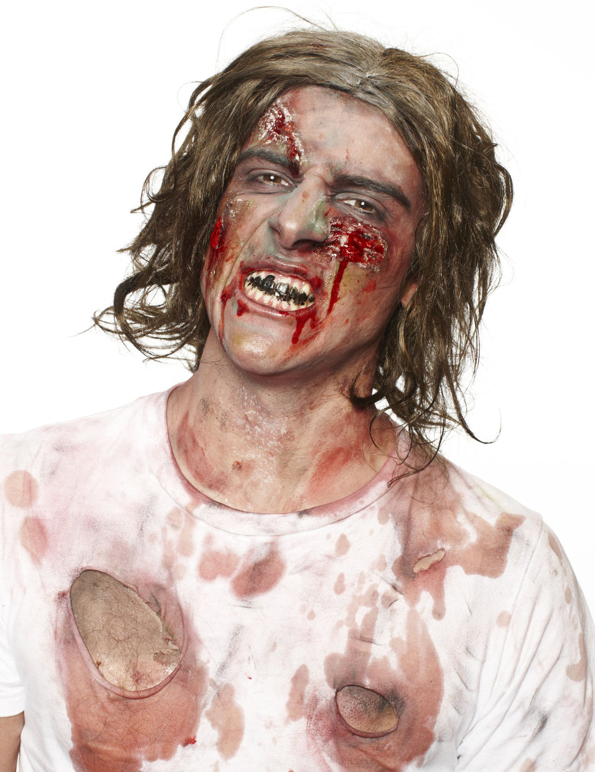 Vue de face du personnage zombie du maquillage latex liquide blanc pour adulte