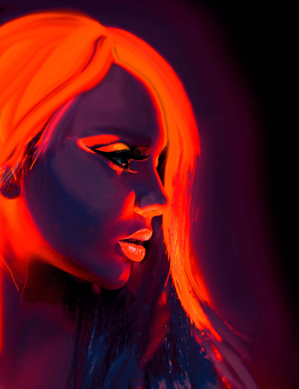 Vue de profil du maquillage néon orange fluo