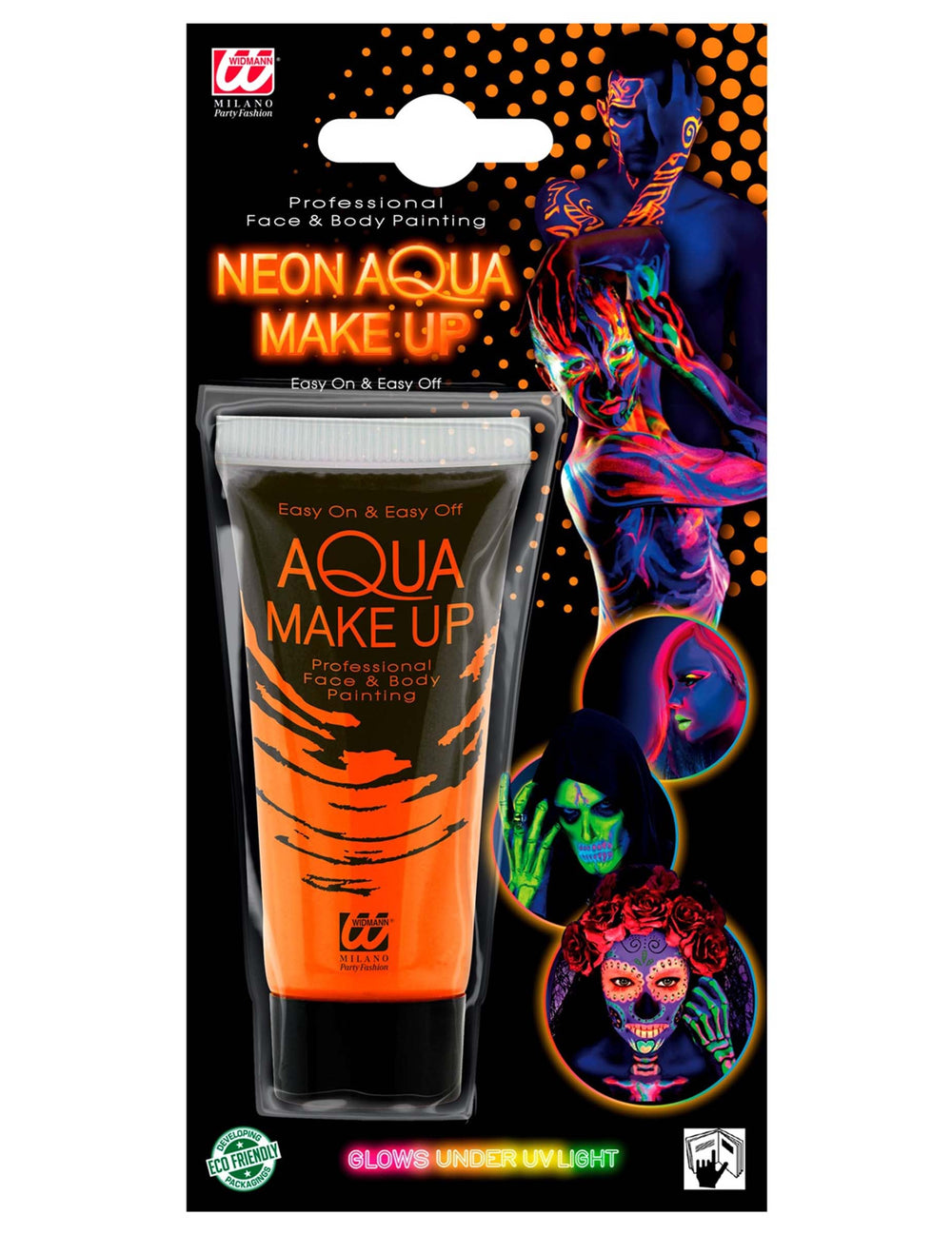 Vue de l'emballage du maquillage néon pour adulte orange fluo