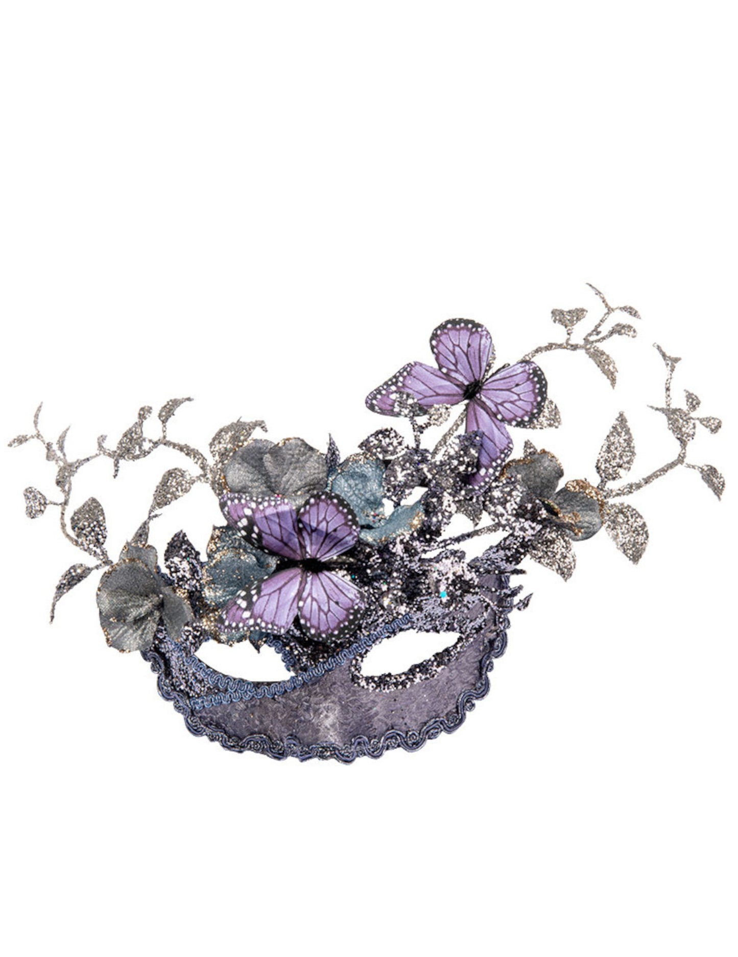 Stříbrná a fialová maska s motýlem a větví pro ženy