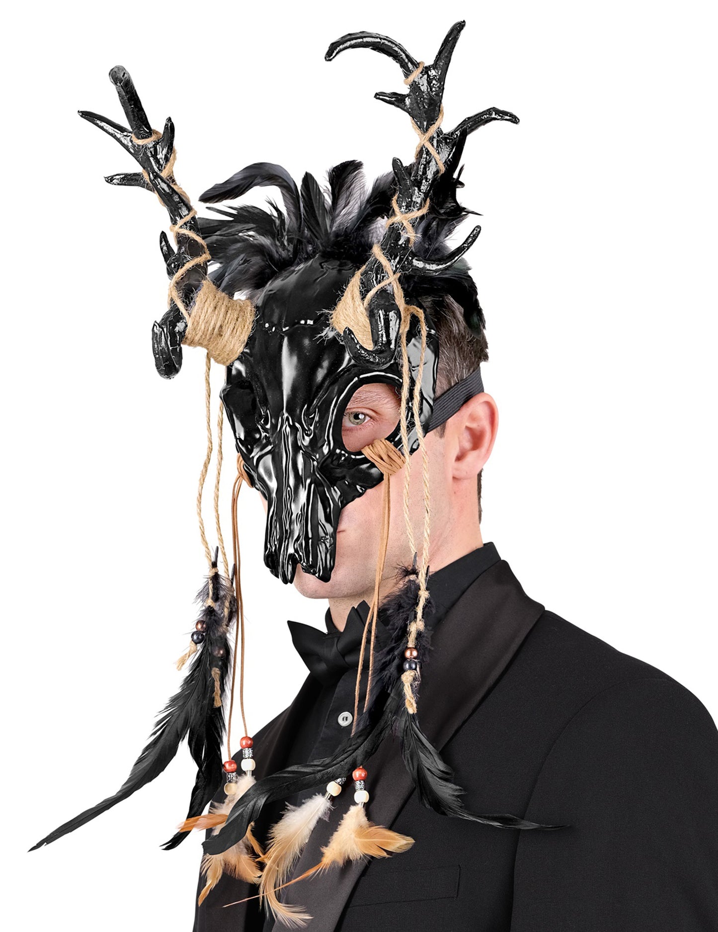 Masque chaman vaudou noir à plumes adulte