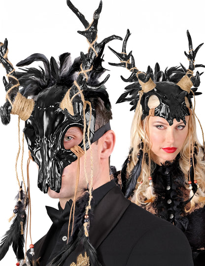 Masque chaman vaudou noir à plumes adulte