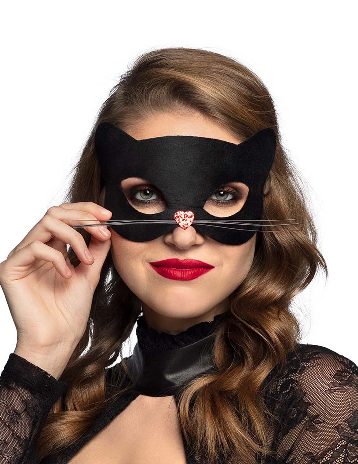Černá kočičí maska srdíčkovým nosem pro ženy, černá s vousy a třpytivým červeným nosem