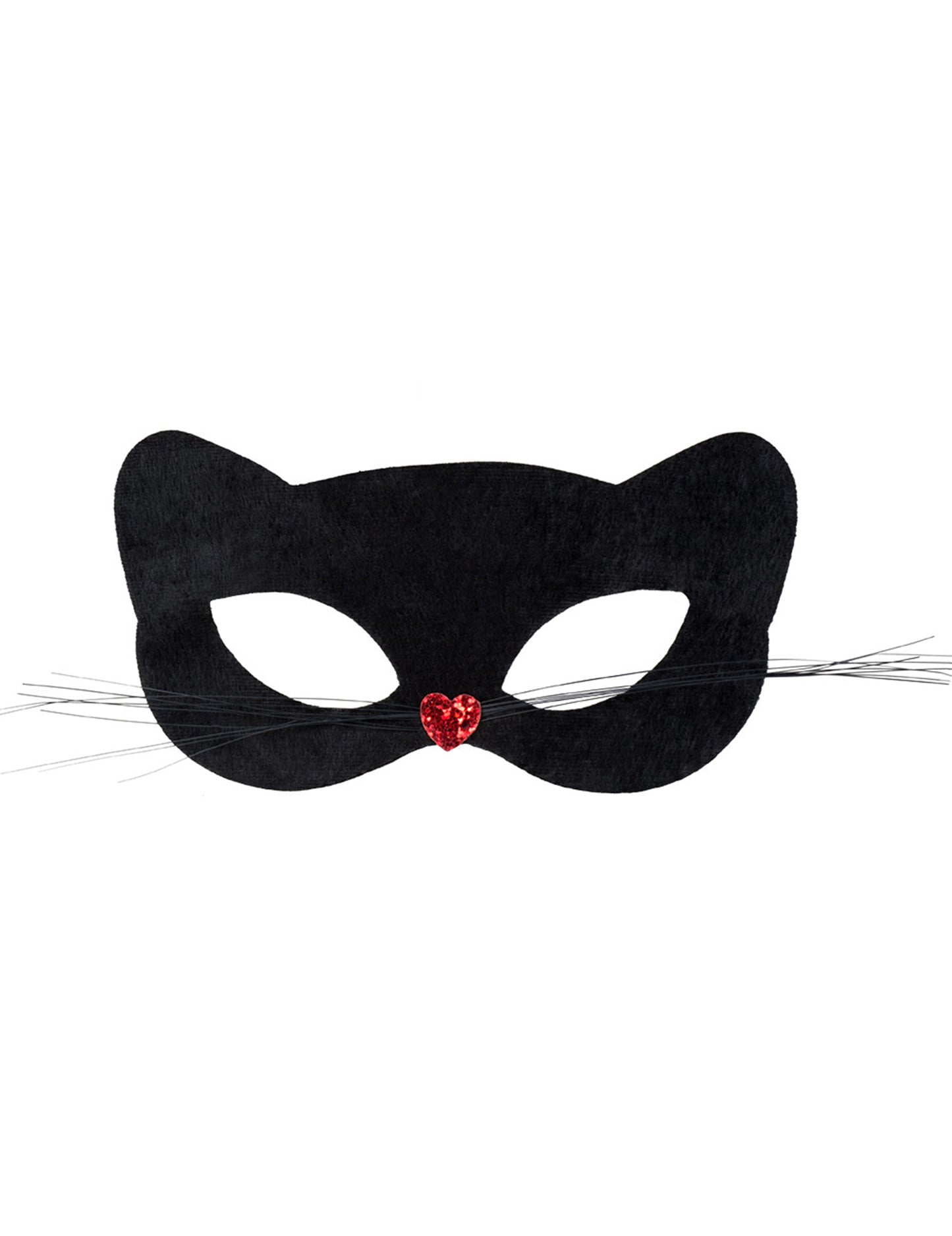 Detail třpytivého červeného nosu černé kočičí masky se srdíčkovým nosem