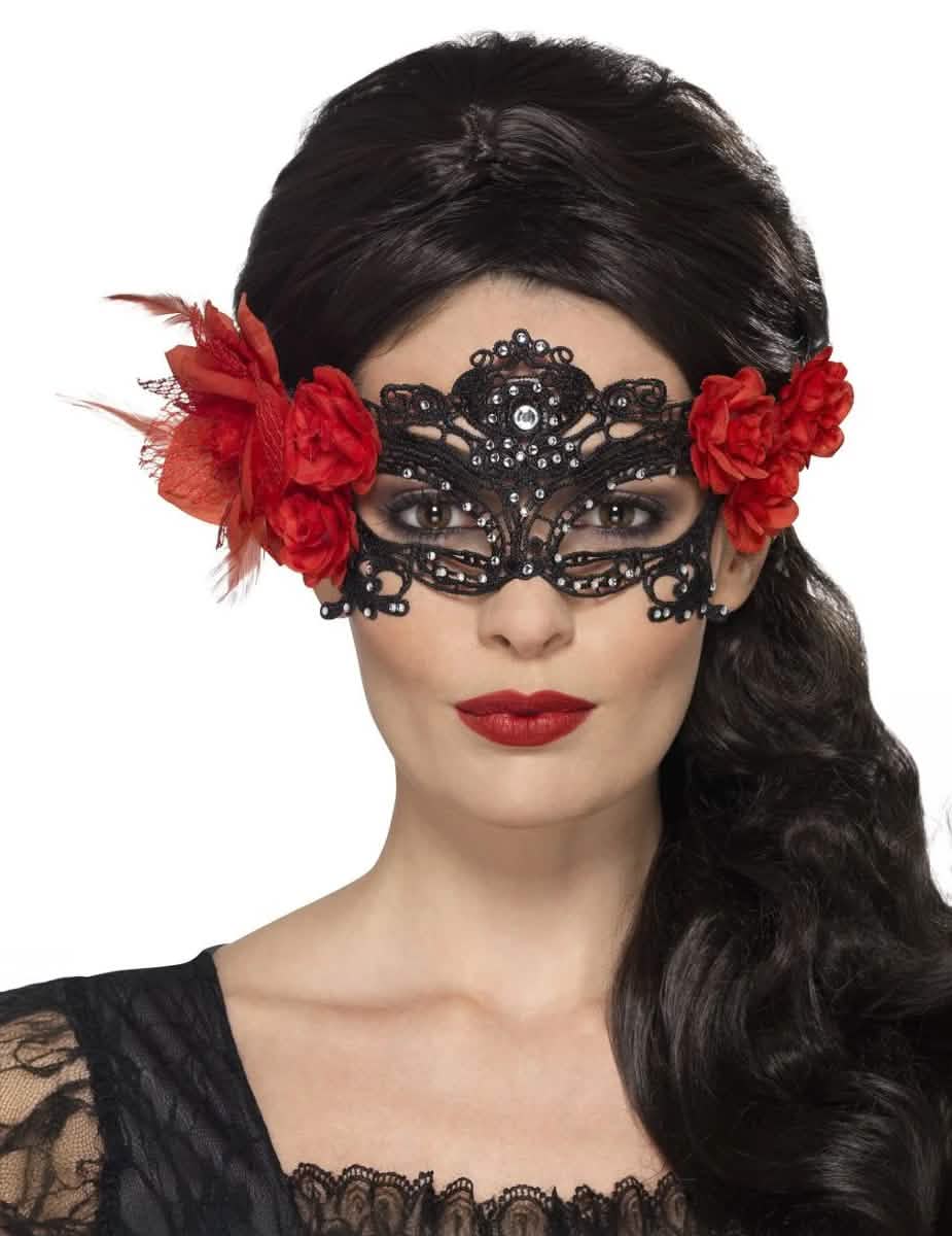Krajková maska Dia de los Muertos pro dospělý černá s červenými květy a kamínky