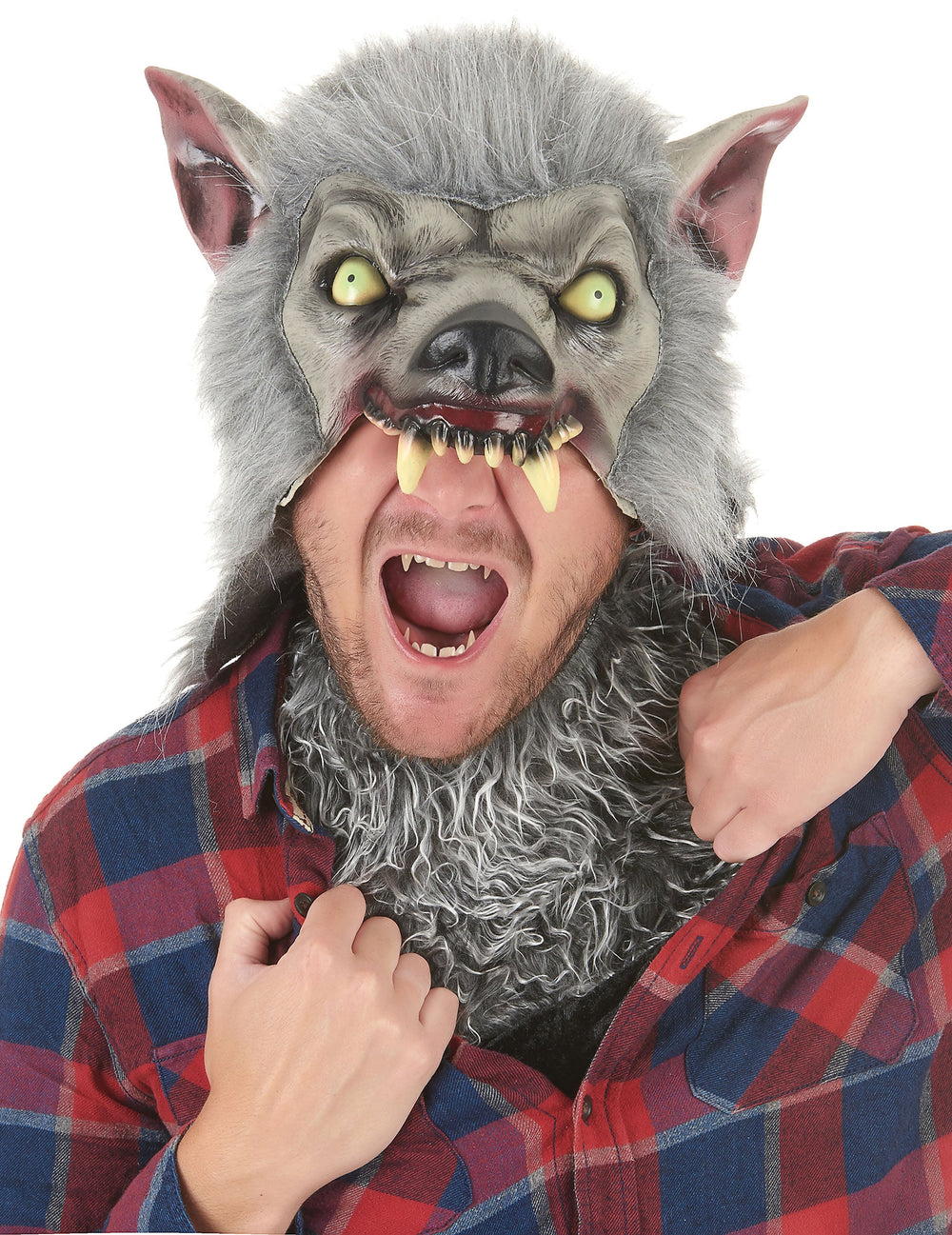 Masque en latex Loup garou pour adulte gris avec fourrure synthétique