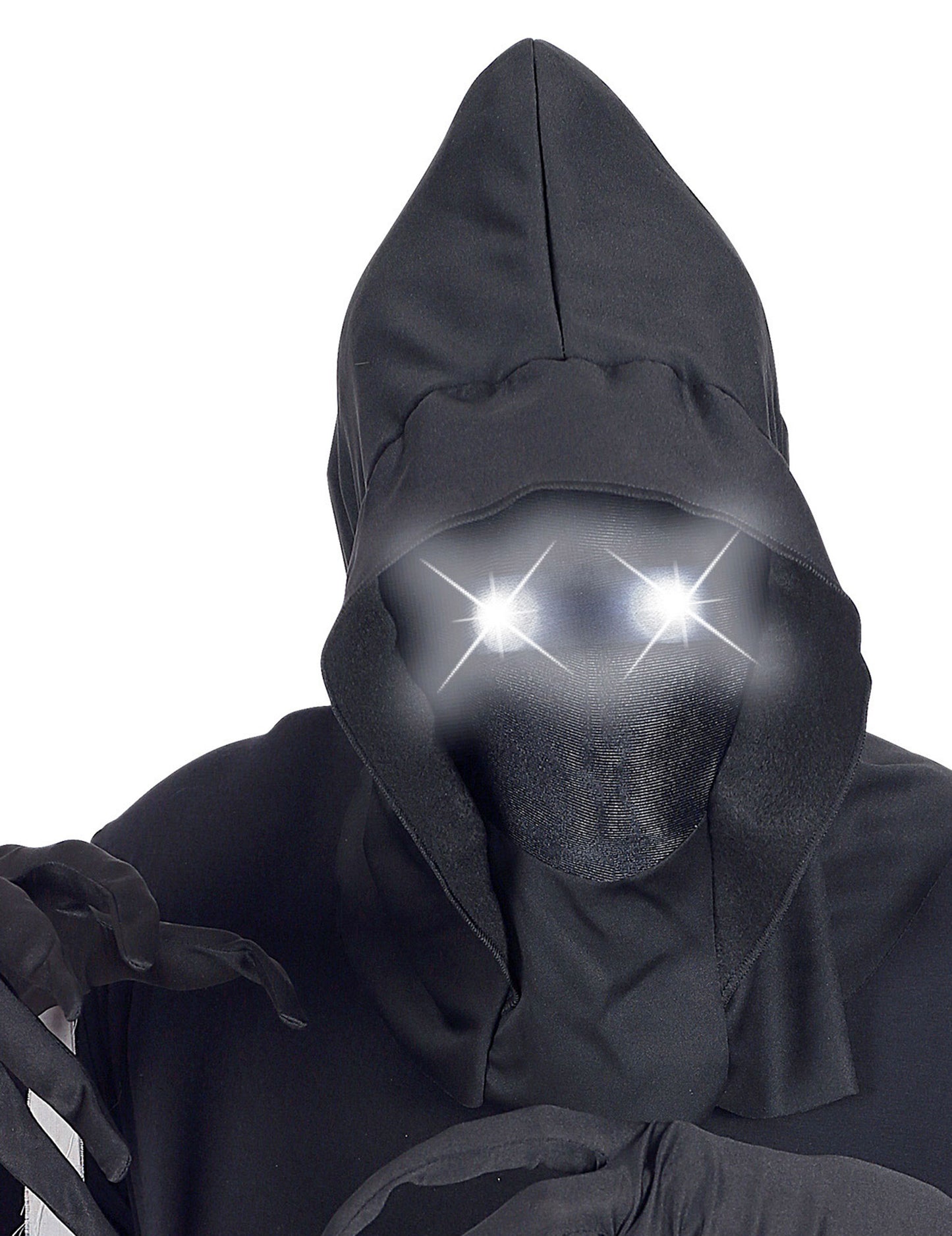 Détail des yeux lumineux du masque intégral à capuche visage invisible et yeux lumineux