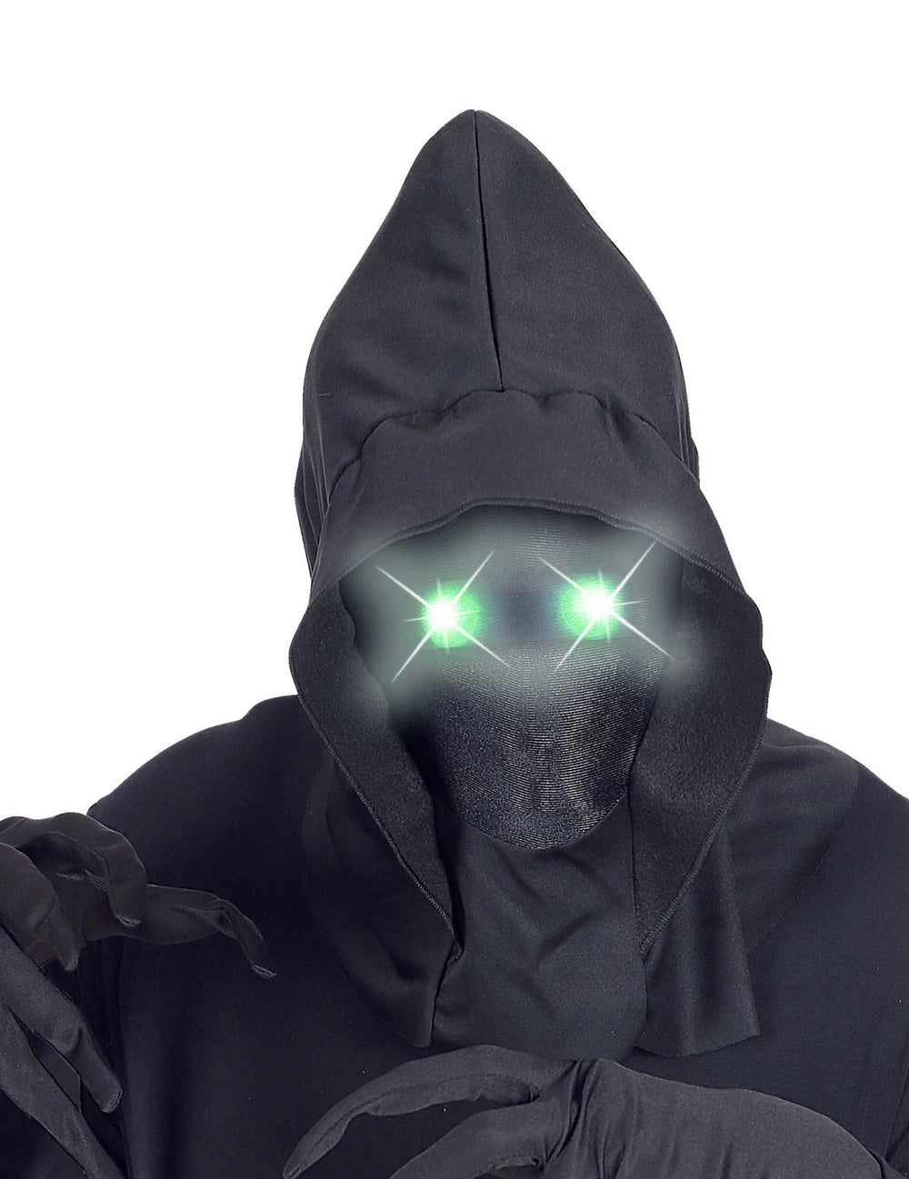 Záběr zblízka na zelené svítící oči celoobličejové masky s kapucí a neviditelným obličejem pro dospělý