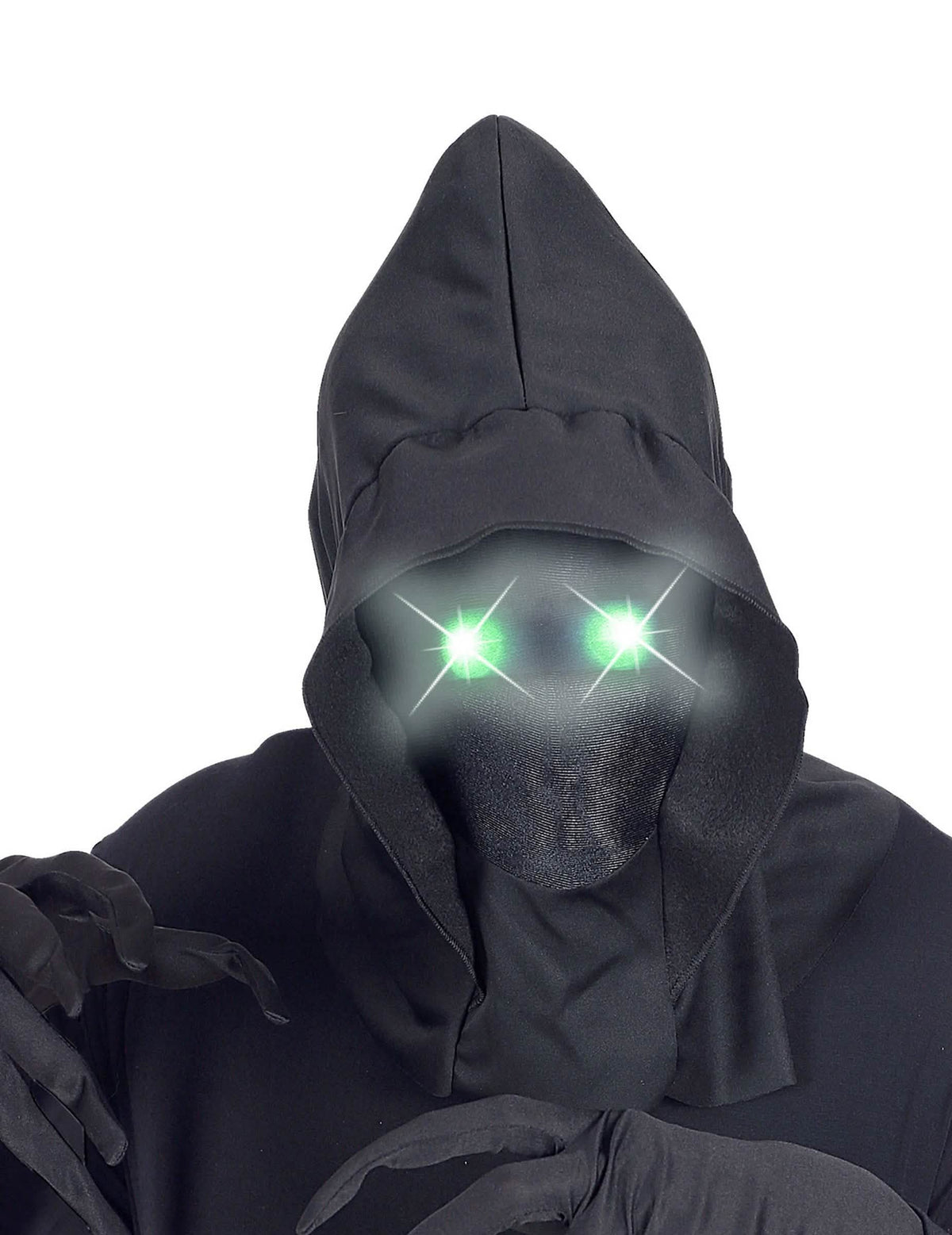 Záběr zblízka na zelené svítící oči celoobličejové masky s kapucí a neviditelným obličejem pro dospělý